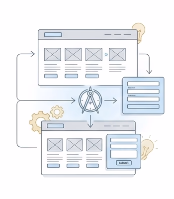 Layout of an advanced website with multiple sections and interactive elements.